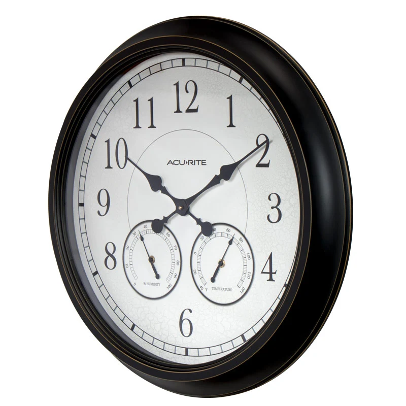 24-inch Weathered Black Wall Clock with Thermometer and Hygrometer - Image 3