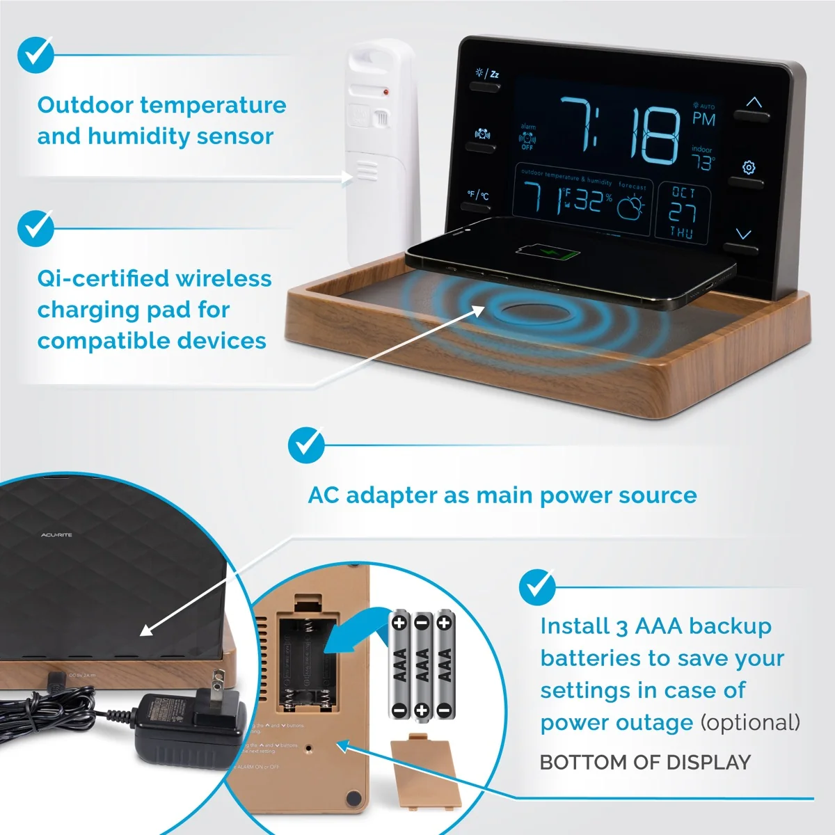 Weather Station Valet with Qi-Certified Wireless Charging Pad and Alarm Clock - Image 3